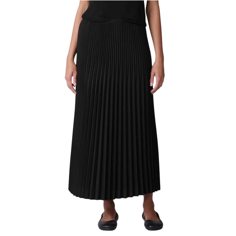 Eileen Fisher F/L Pleated Skirt Black Woven Wool Silk Size L NWT $328